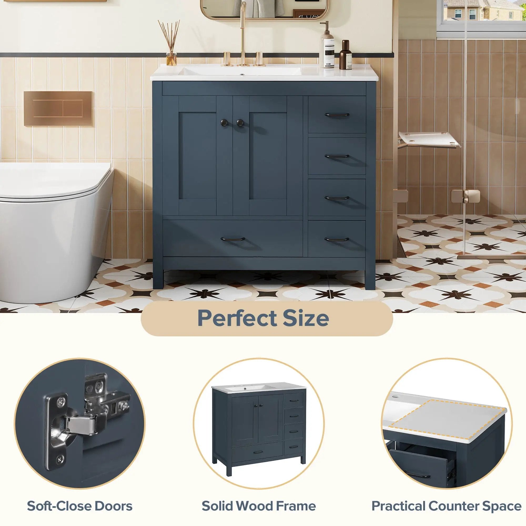 Bathroom Vanity With Ceramic Sink Combo, Abundant Storage Cabinet 2 Soft Close Doors And 5 Drawers by HouseOfZazla