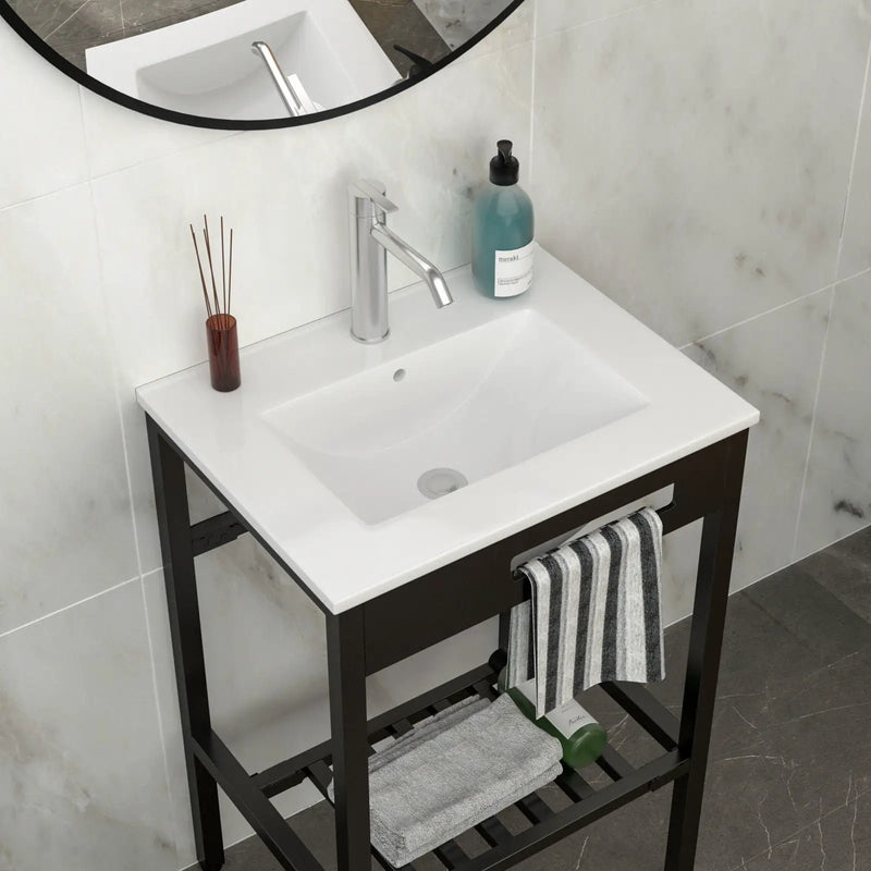 Console Sink With Legs, 24" X 18", Durable Porcela With Frame - White / Black by HouseOfZazla