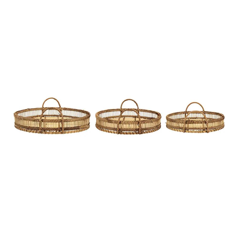 Set of 3 Round Decorative Brown Bamboo Woven Trays with Handles by HouseOfZazla