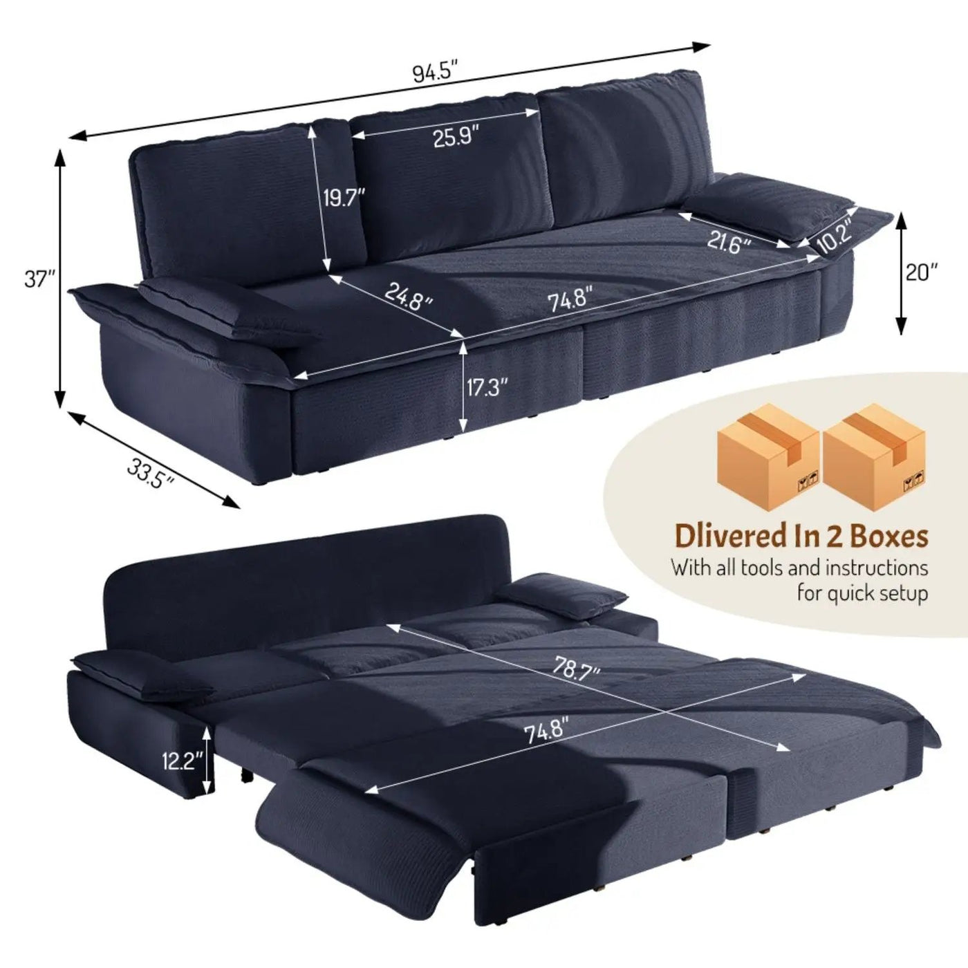 King Size Pull Out Sofa Bed, 3 In 1 Convertible Multifunctional by HouseOfZazla