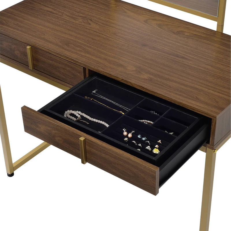 Coleen Walnut & Gold Finish Vanity Desk with Mirror & Jewelry Tray by HouseOfZazla