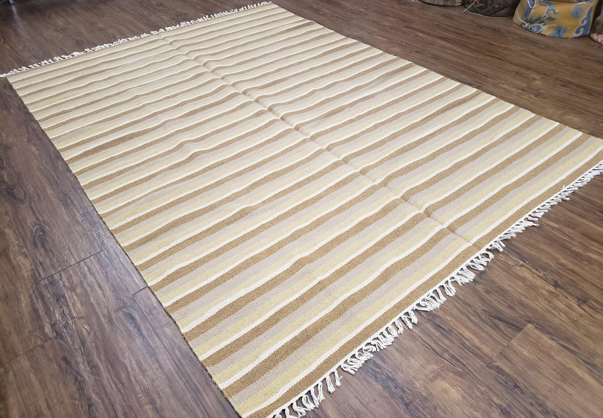 New Indian Striped Blanket, Multicolor Earthern Tones Kilim Rug, Wool Handmade South American Style Blanket, Queen Sized Bedspread 5x8 - 6x8 by Jewel Rugs