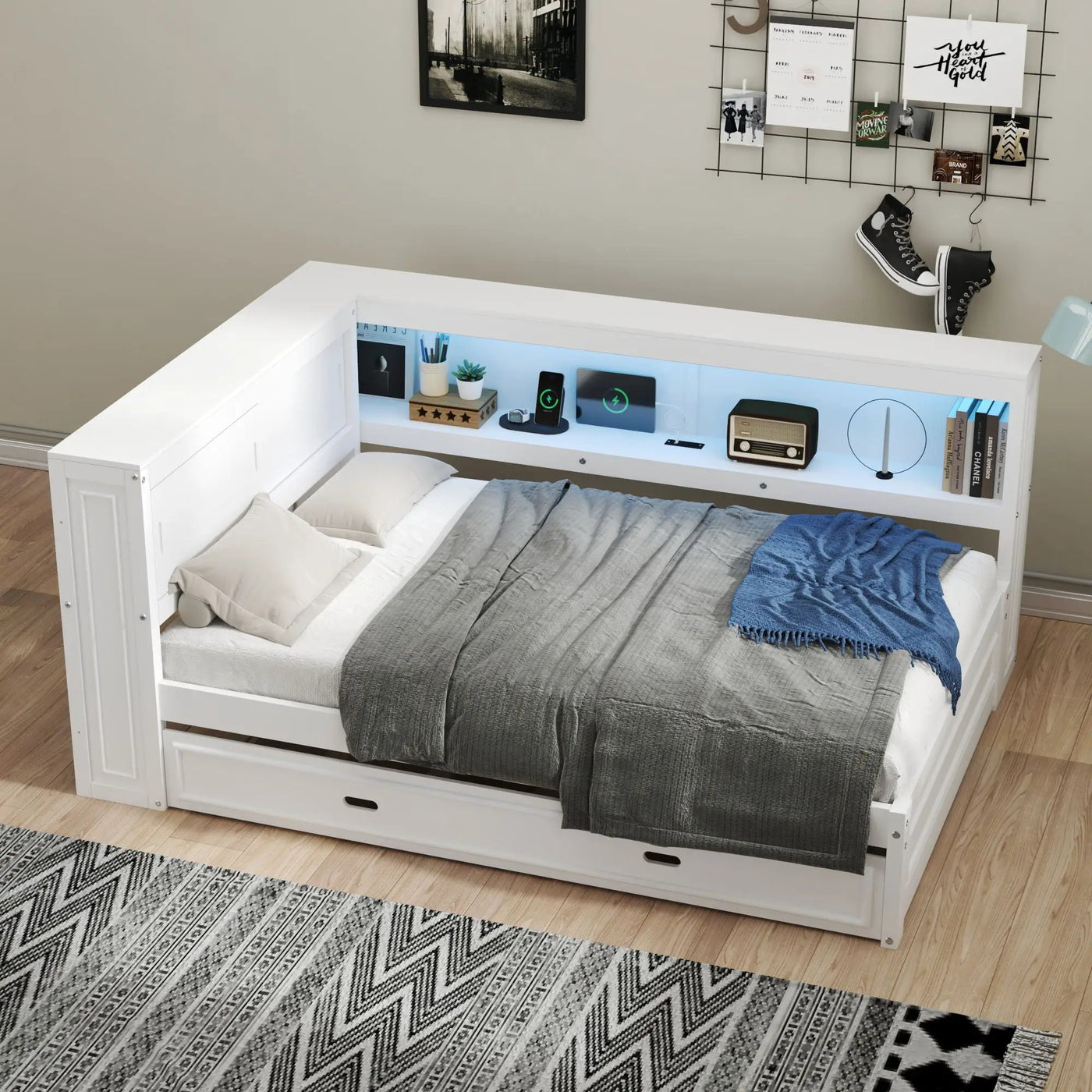 Daybed With Storage Shelves, LED, USB, And Trundle by HouseOfZazla