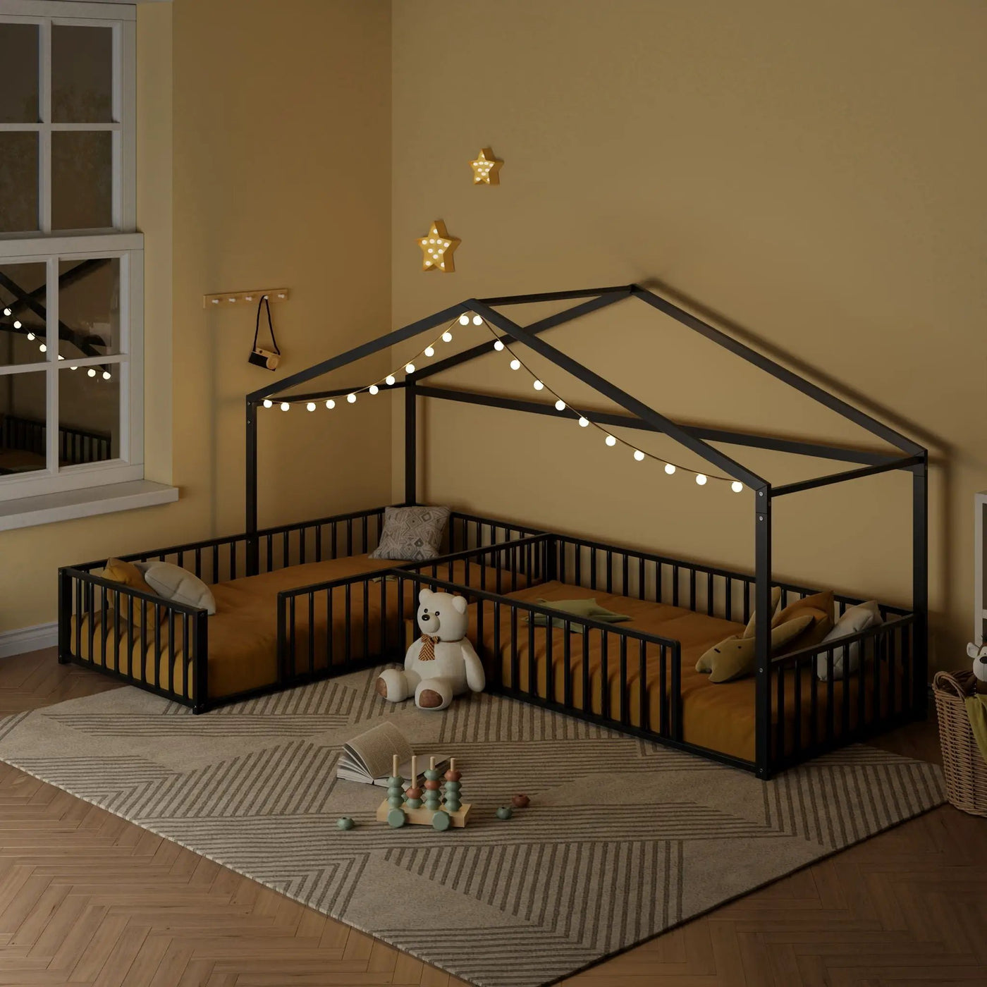 L-Shaped Montessori Bed For 2 Kids With Partitioned Fence by HouseOfZazla