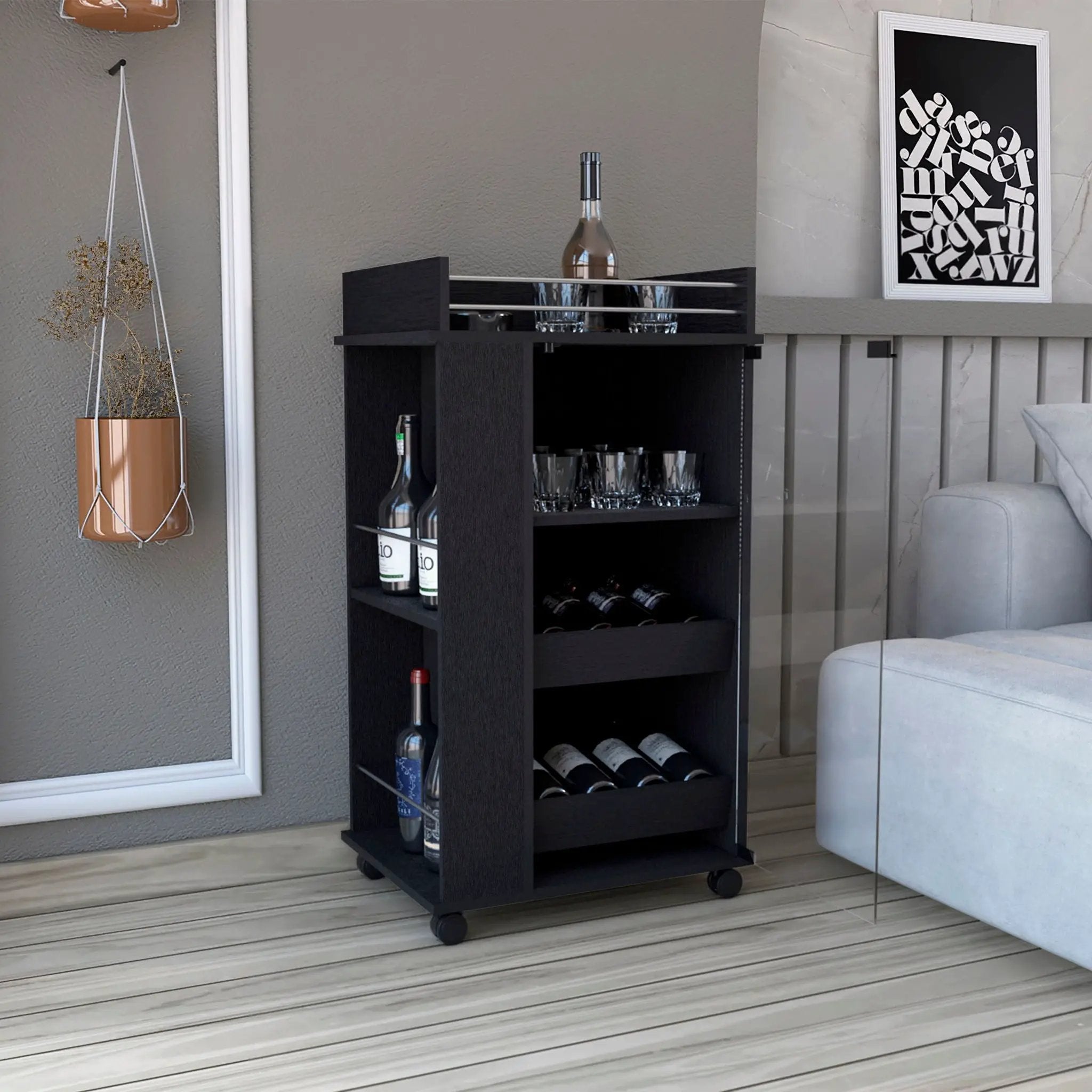Bar Cart With Glass Door, 2 Side Shelves And Casters - Black by Unique Piece Furniture