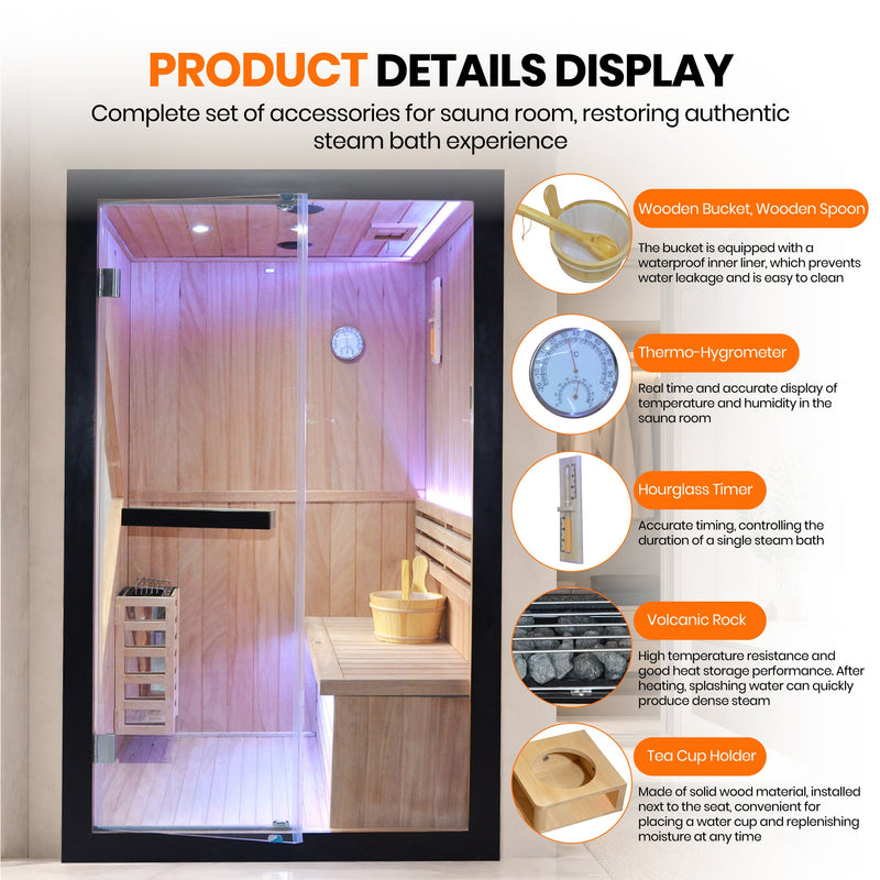 African Pine Indoor Sauna with Double Stove & LED Lighting - Natural Pine, photo 4 of 10