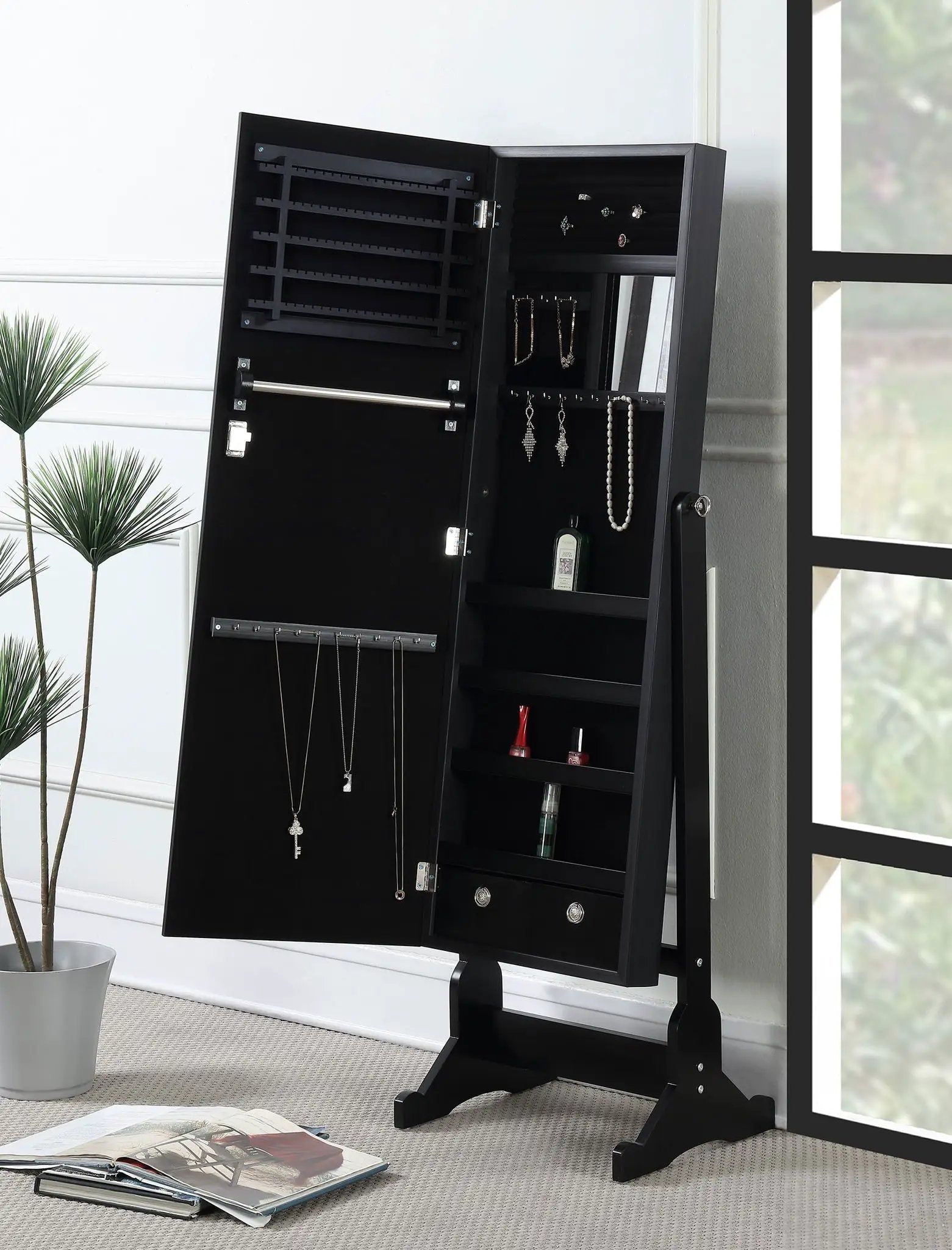 Tutuola Cheval Mirror with Jewelry Storage Black by Unique Piece Furniture