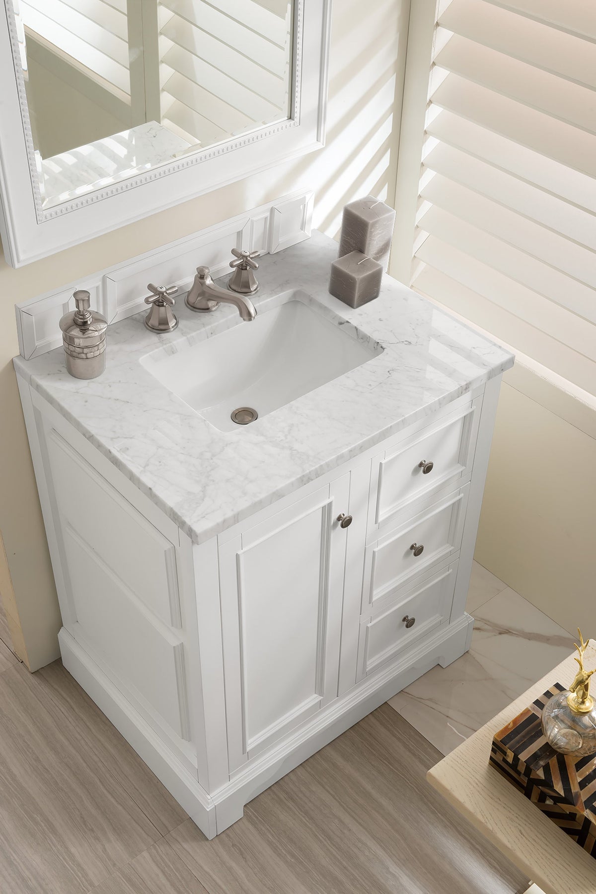 James Martin De Soto 30" Single Bathroom Vanity, Bright White with Carrara White countertop