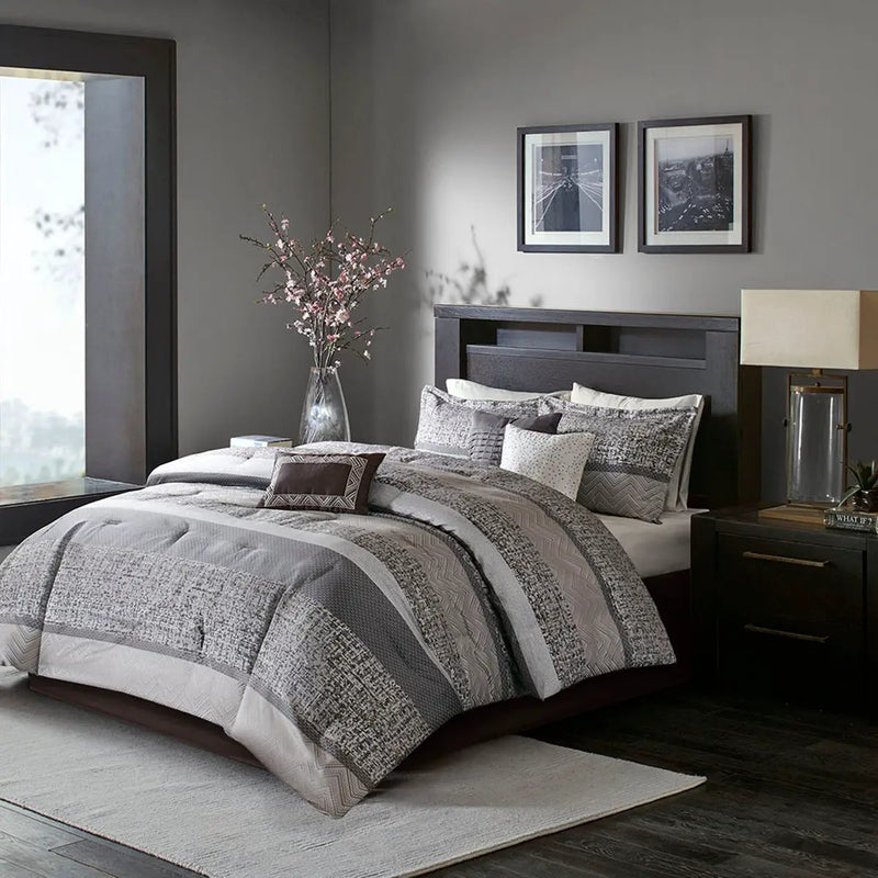 7 Piece Jacquard Comforter Set Grey Taupe King by HouseOfZazla