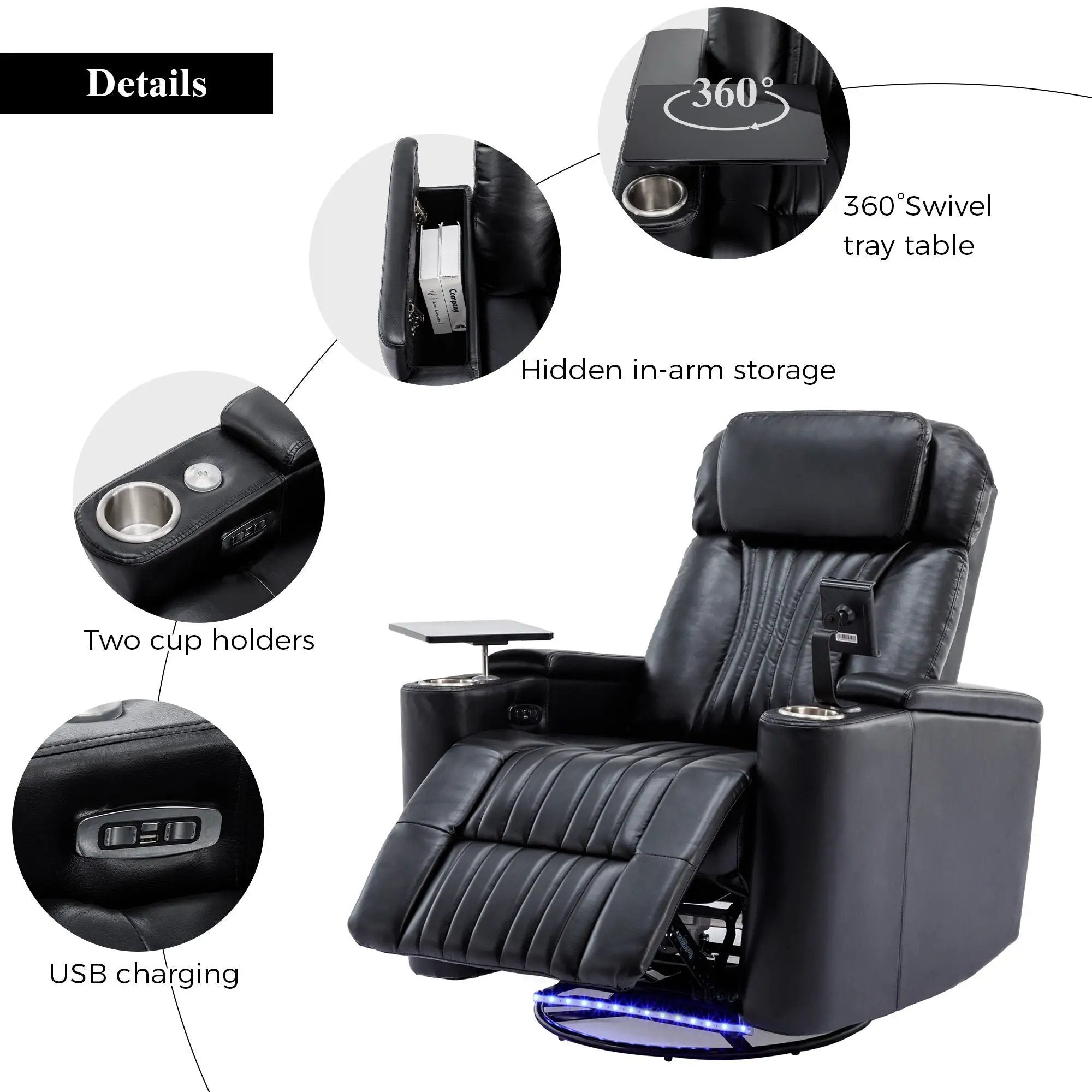 270° Power Swivel Recliner Home Theater Chair With Hidden Arm Storage, LED Light, Cup Holder, And Tray Table by HouseOfZazla
