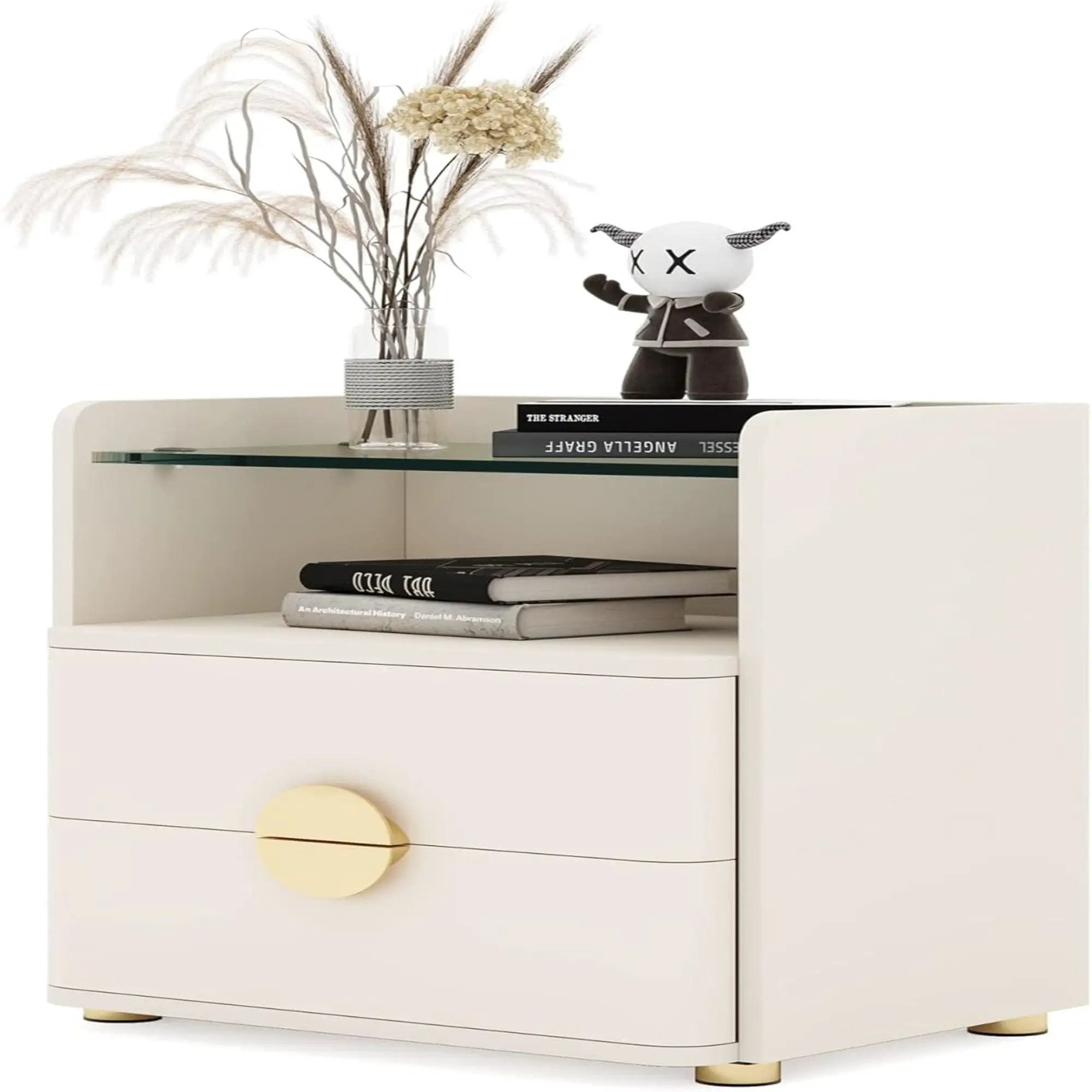 2 Drawer Nightstand With Open Shelf, Bedside Table - Beige by HouseOfZazla