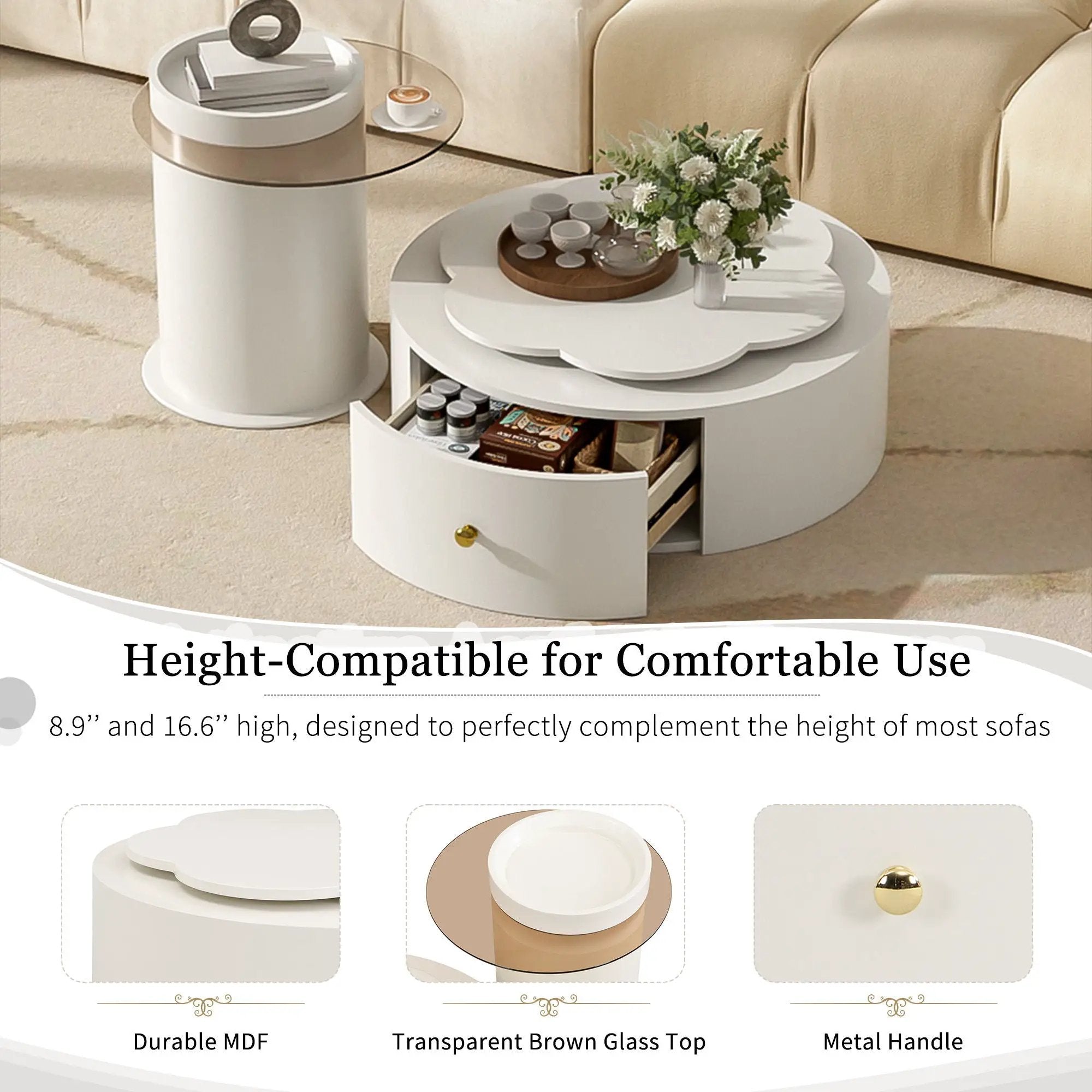 Modern Round Coffee Table (Set of 2), 360 Degree Rotatable Flower Shaped Top With 2 Drawers, Top Circle Side Table End Table With Glass For Living Room - Off White by HouseOfZazla