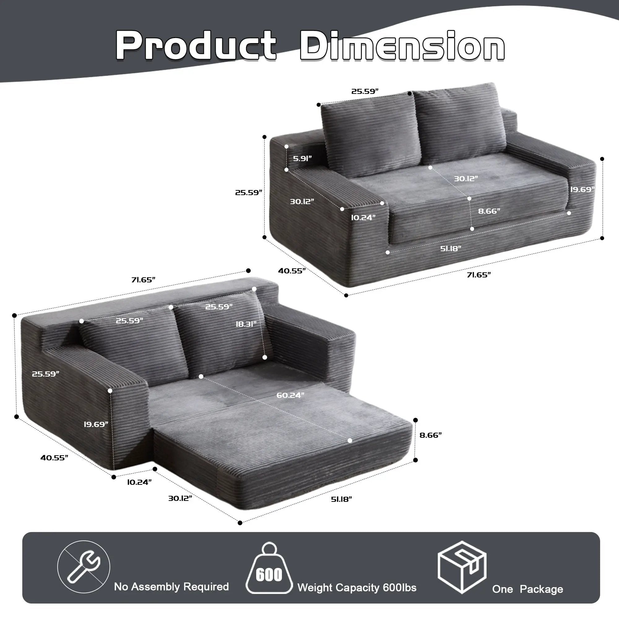 Comfortable Deep Seat Loveseat Sofa Bed, Reversible Cushion With Pillows by HouseOfZazla