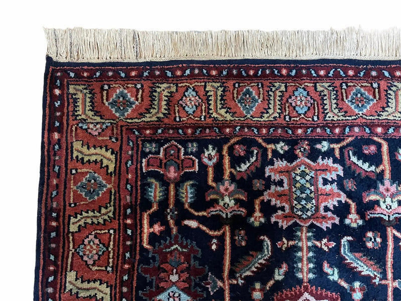 4x6 Vintage Handmade Wool Geometric Rug Organic Dyes Blue Red Hand-Knotted Rug by Jewel Rugs