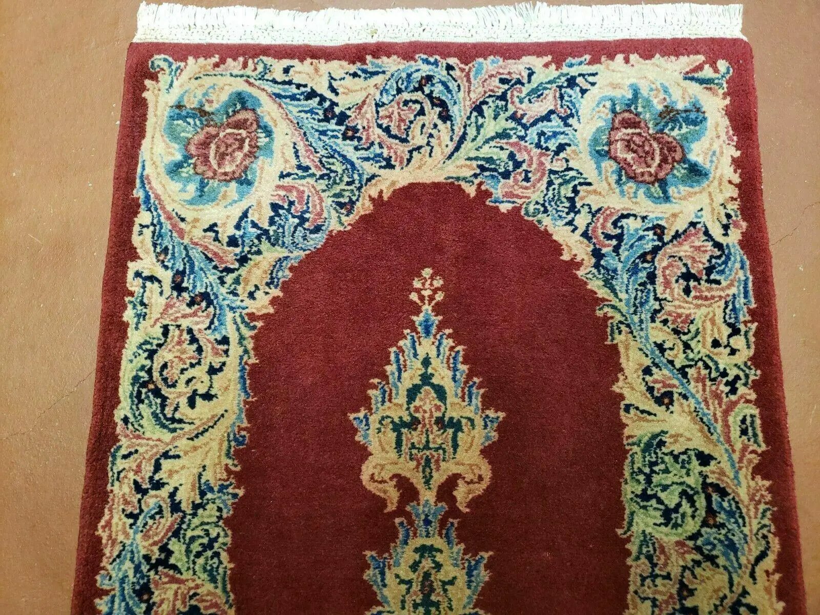 Small Persian Kirman Rug 2x4, Wool Oriental Vintage Handmade Carpet, Hand Knotted Floral Medallion, Red & Beige, Semi Open Field by Jewel Rugs