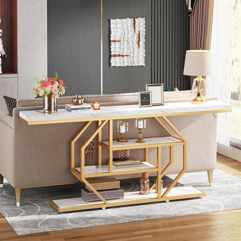 Extra Long Console Table With 4 Tier Storage For Living Hallway - White / Gold by HouseOfZazla