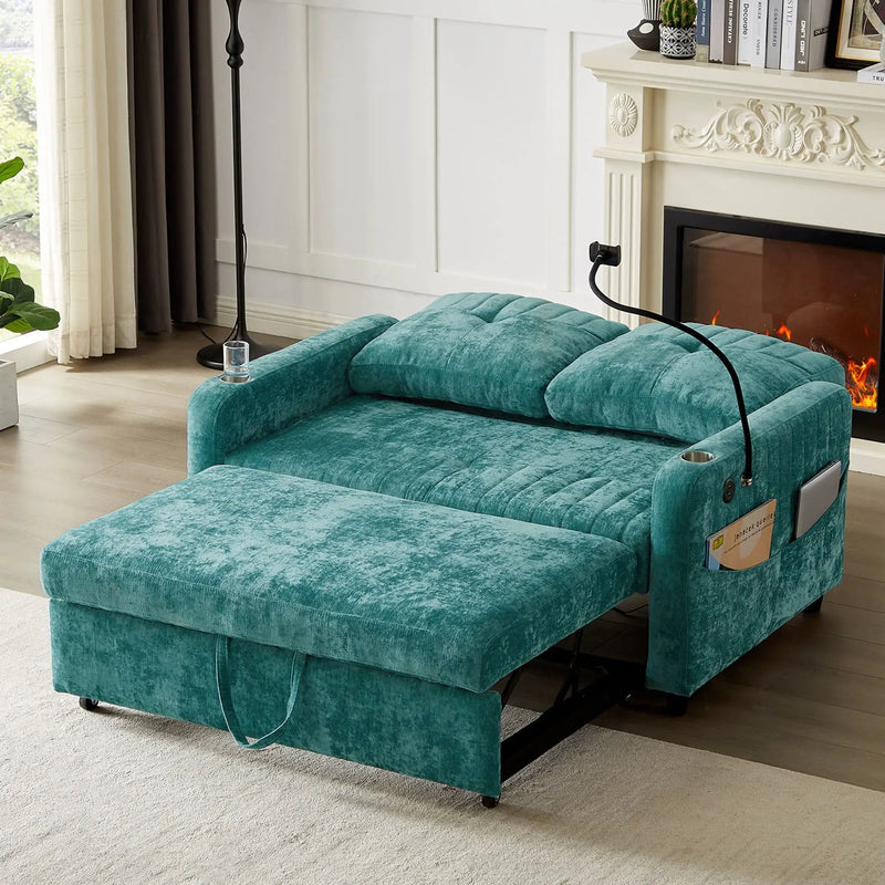 Modern Loveseat Pull Out Sofa Bed With Adjustable Backrest, Two Cup Holders, A Phone Holder, Three Charging Ports And Side Storage Pockets For Living Room by HouseOfZazla