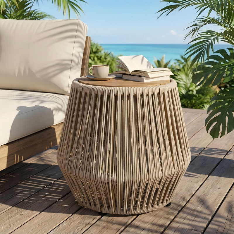 Acacia Wood Side Table with Beige Rope Base by HouseOfZazla