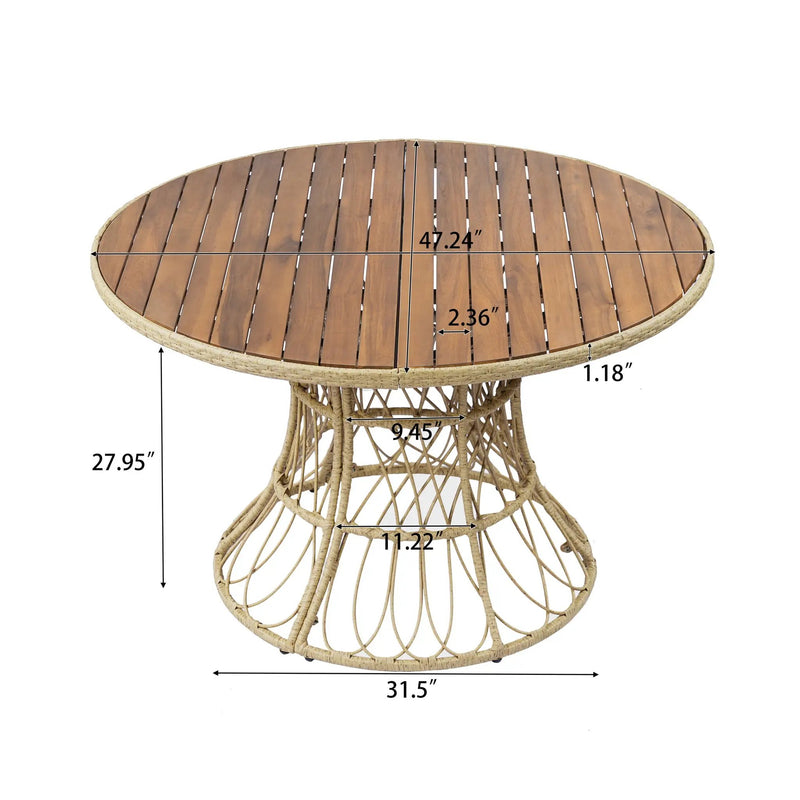 5-Piece Outdoor Dining Set: Teak Finish Round Acacia Wood Table & 4 Wicker Armchairs by HouseOfZazla