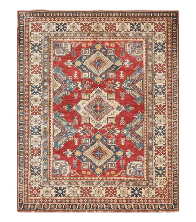 Turkish Kazak Rug 7.6 x 9.5, Geometric Medallions, Caucasian Pattern by Jewel Rugs
