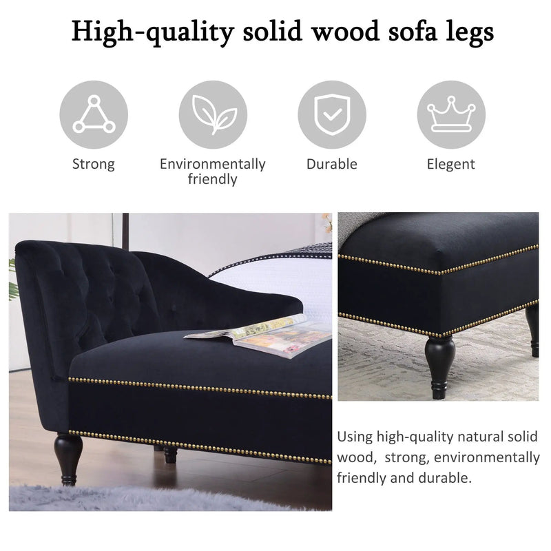 Velvet Chaise Lounge, Button Tufted Right Arm Facing Lounge Chair With Nailhead Trim For Living Room - Black by HouseOfZazla
