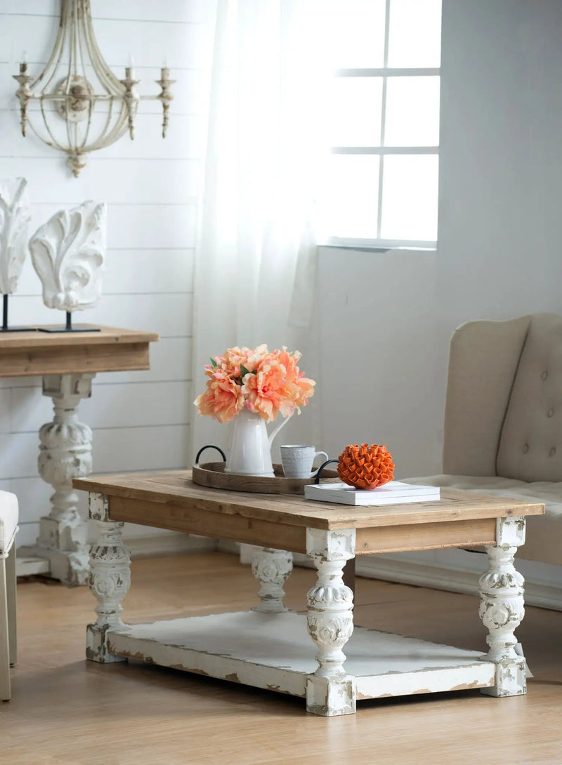Rectangle Coffee Wooden Coffee Table, French Country Coffee Table - Brown / Antique White by Unique Piece Furniture