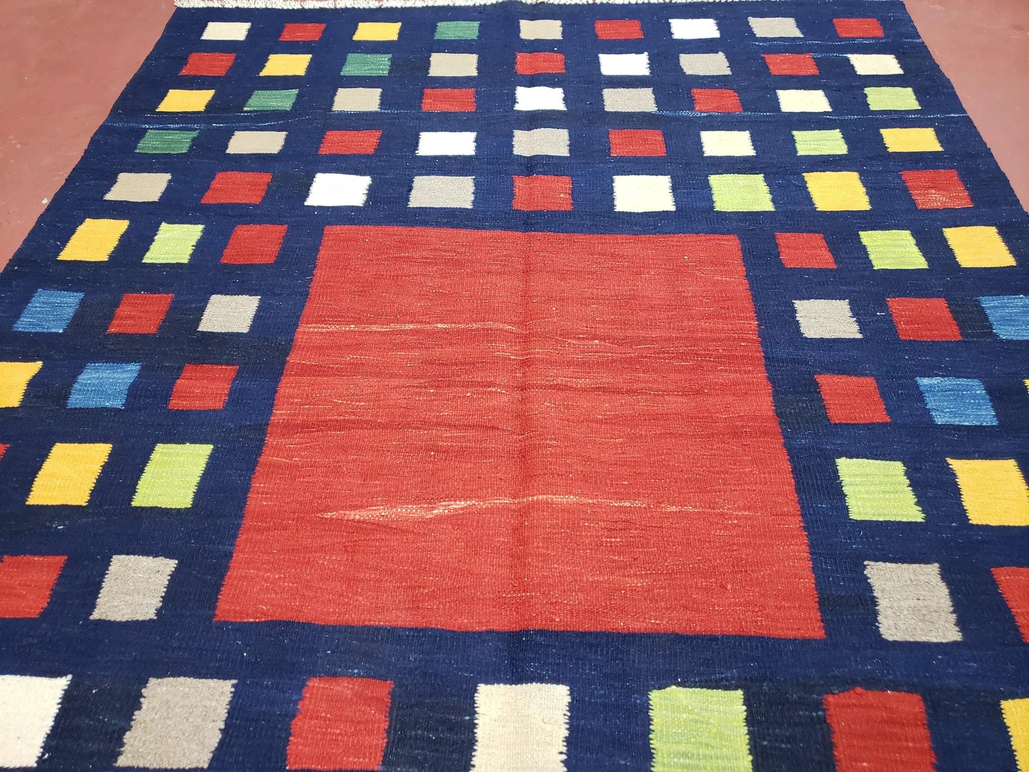 Turkish Kilim Rug 5x7 - 6x8, Checkerboard Kilim Carpet, Area Rug, New Playroom Rug, Colorful Multicolor Rug for Nursery Room, Dark Blue Red by Jewel Rugs