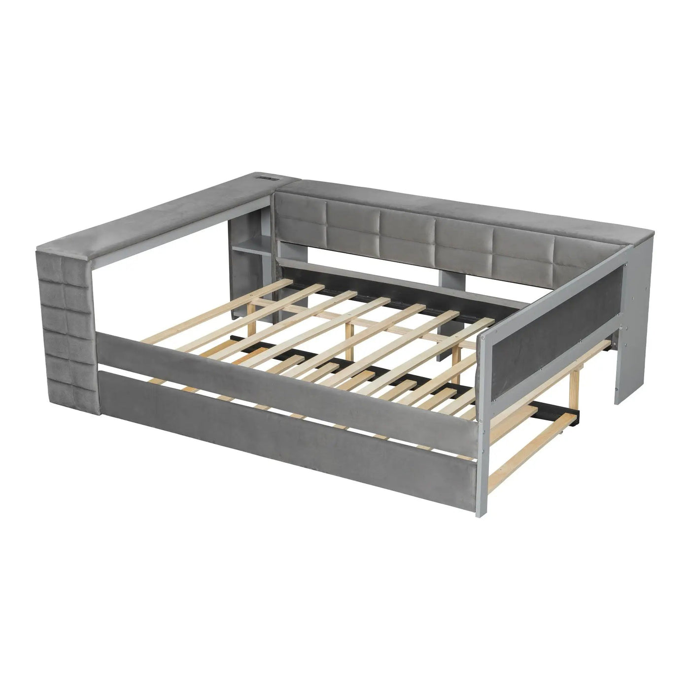 Upholstered Platform Bed With Storage Shelves, Desk, Charging Station And Trundle by HouseOfZazla