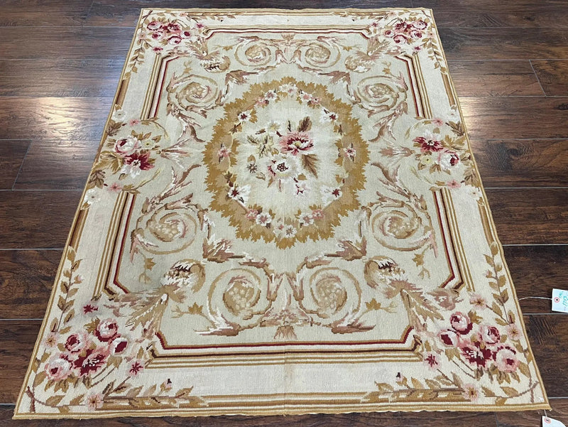 Aubusson Needlepoint Rug 4x5 ft, Beige and Tan, Aubusson Savonnerie Vintage Carpet, Handwoven Handmade Wool Rug, European Design Floral Rose by Jewel Rugs