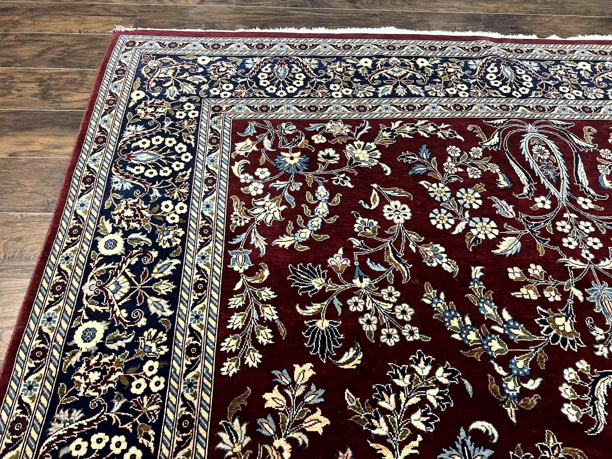 Indo Persian Sarouk Rug 9x12, Floral Allover, Dark Red & Navy Blue, Handmade Vintage Wool Carpet by Jewel Rugs