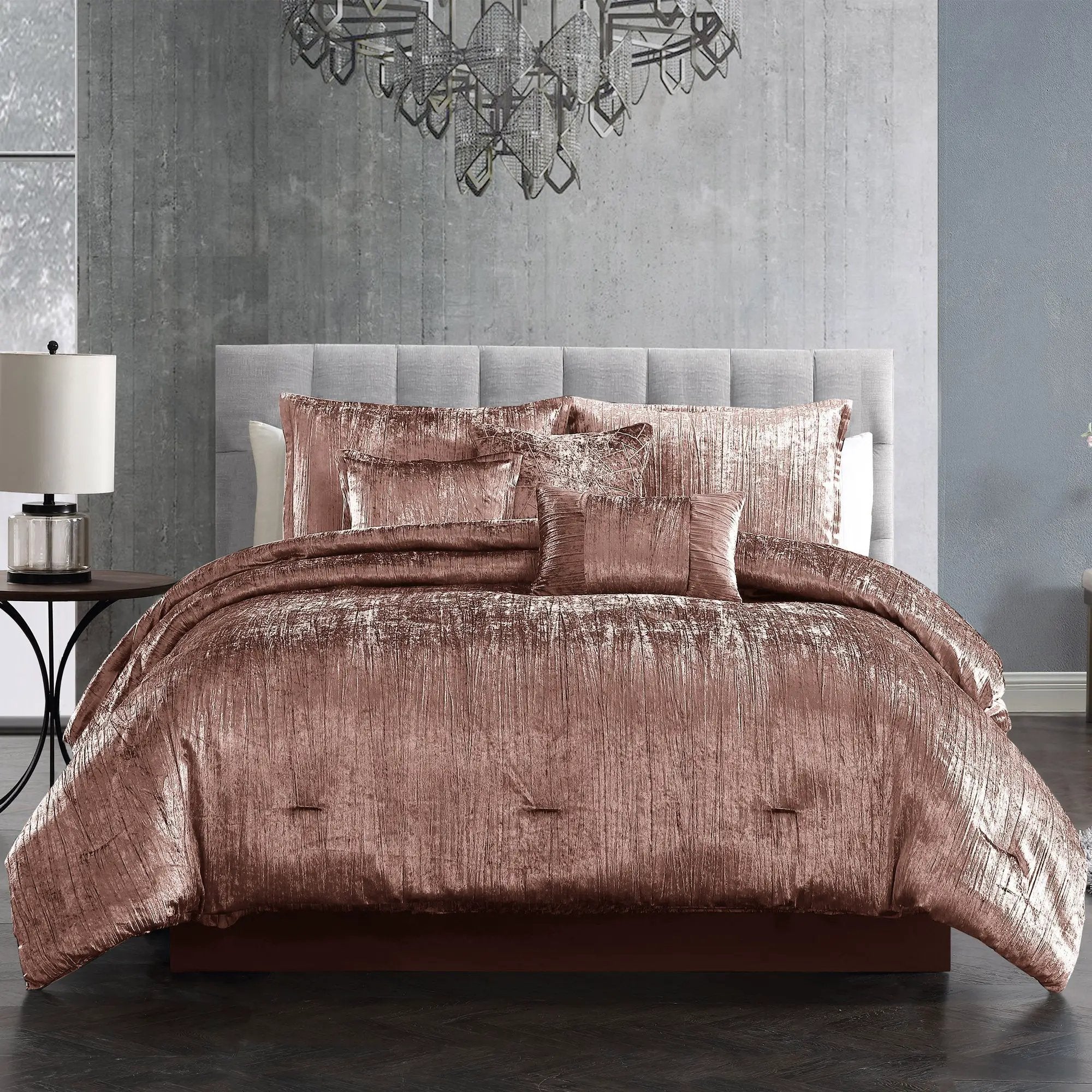 Blush Crinkle Velvet 7Pc Bedding Ensemble by HouseOfZazla