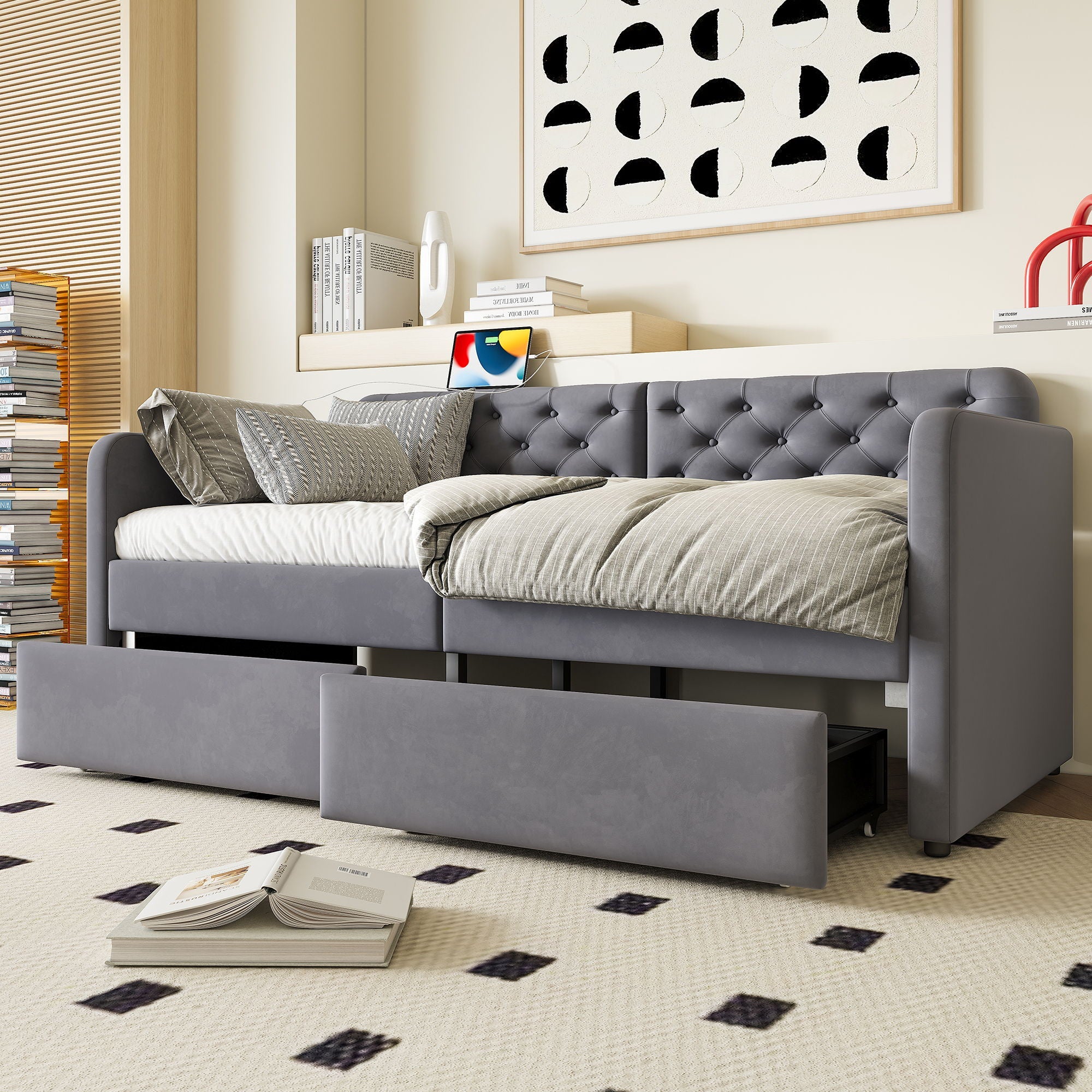 Twin Size Upholstered Daybed With 2 Storage Drawers And USB Charging Design - Gray by HouseOfZazla
