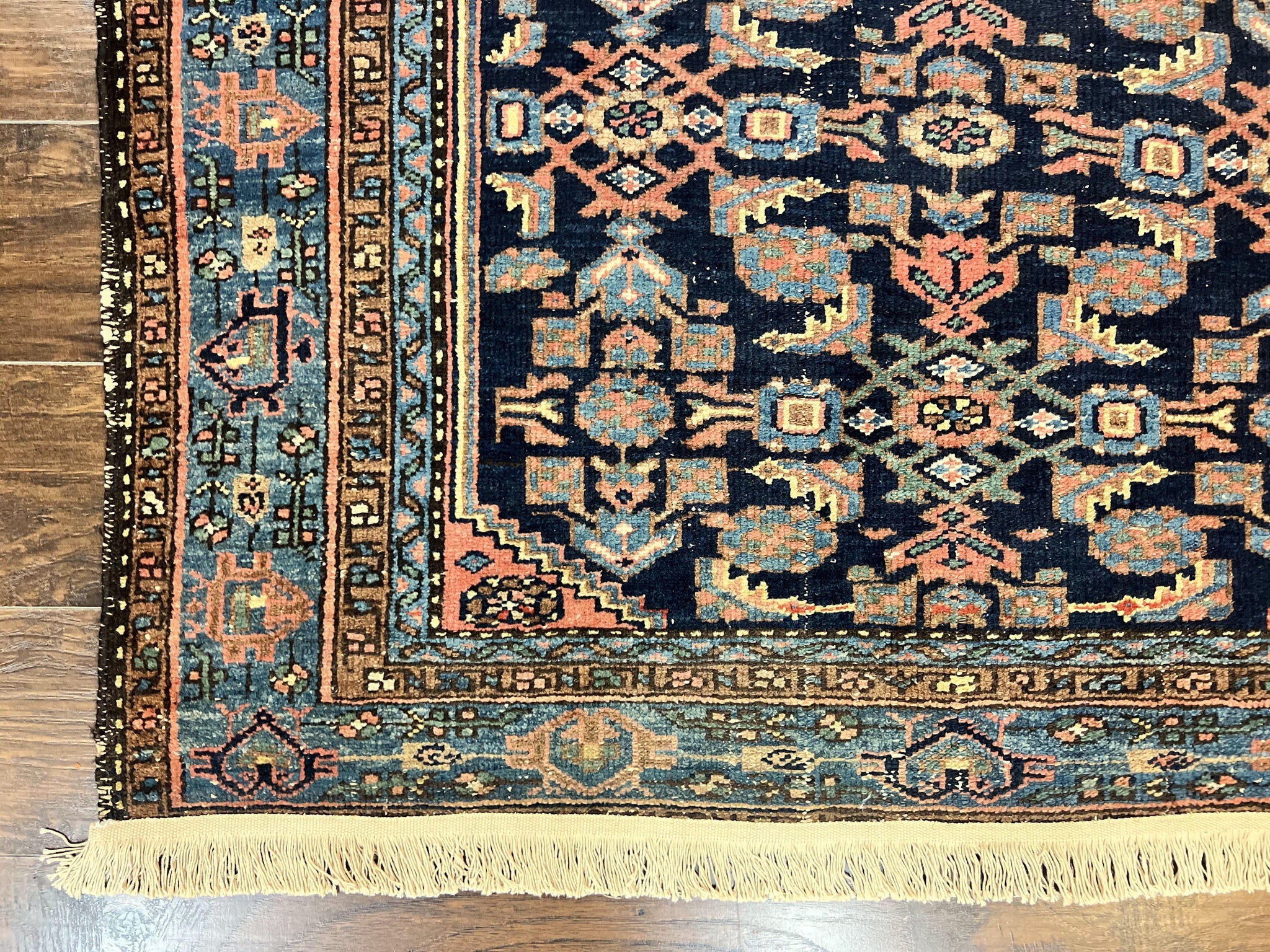 Antique Persian Tribal Rug 5x7, Navy Blue & Pink, Hand Knotted Handmade 1920s Wool Rug, Allover Pattern, Persian Hamadan Rug by Jewel Rugs
