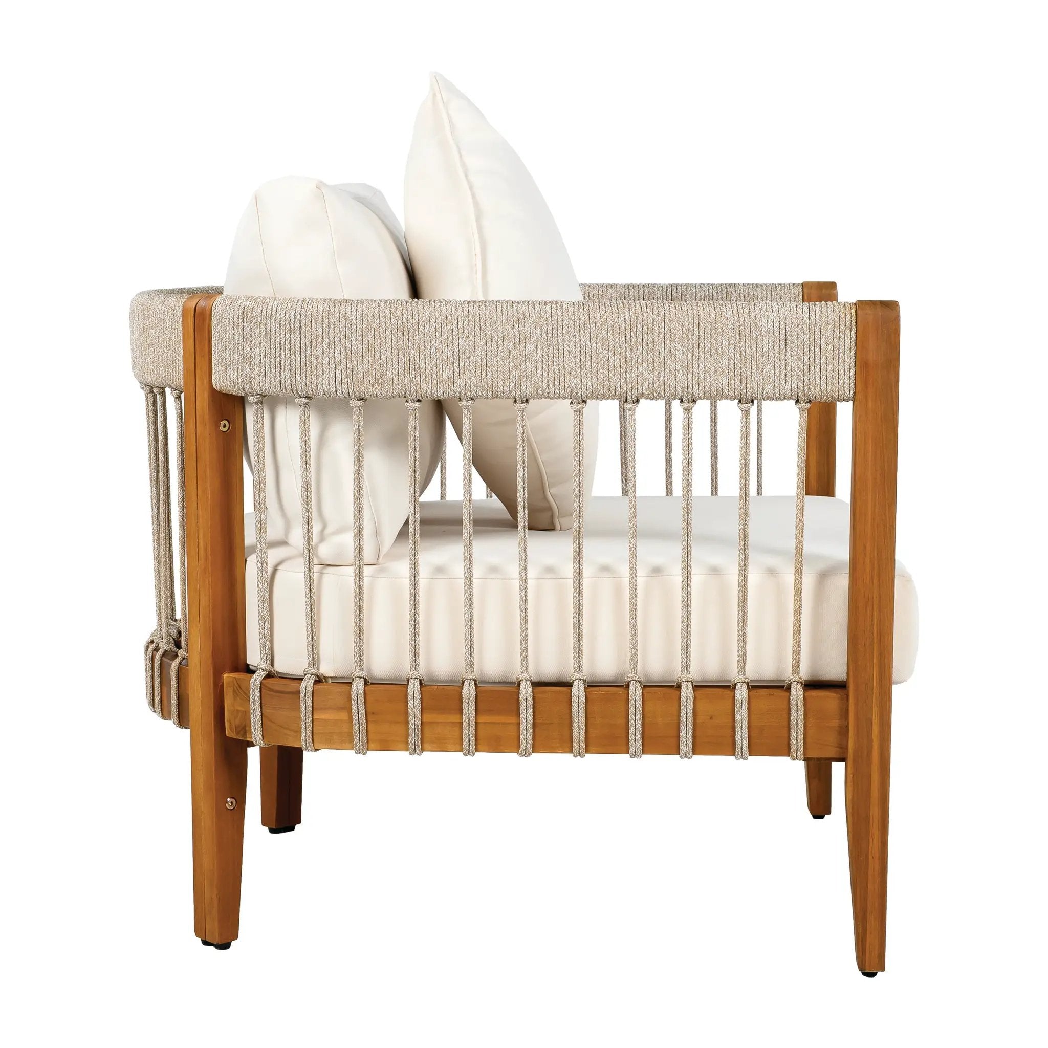 Acacia Wood Outdoor Club Chair with Handwoven Rope Accents & Curved Backrest by HouseOfZazla