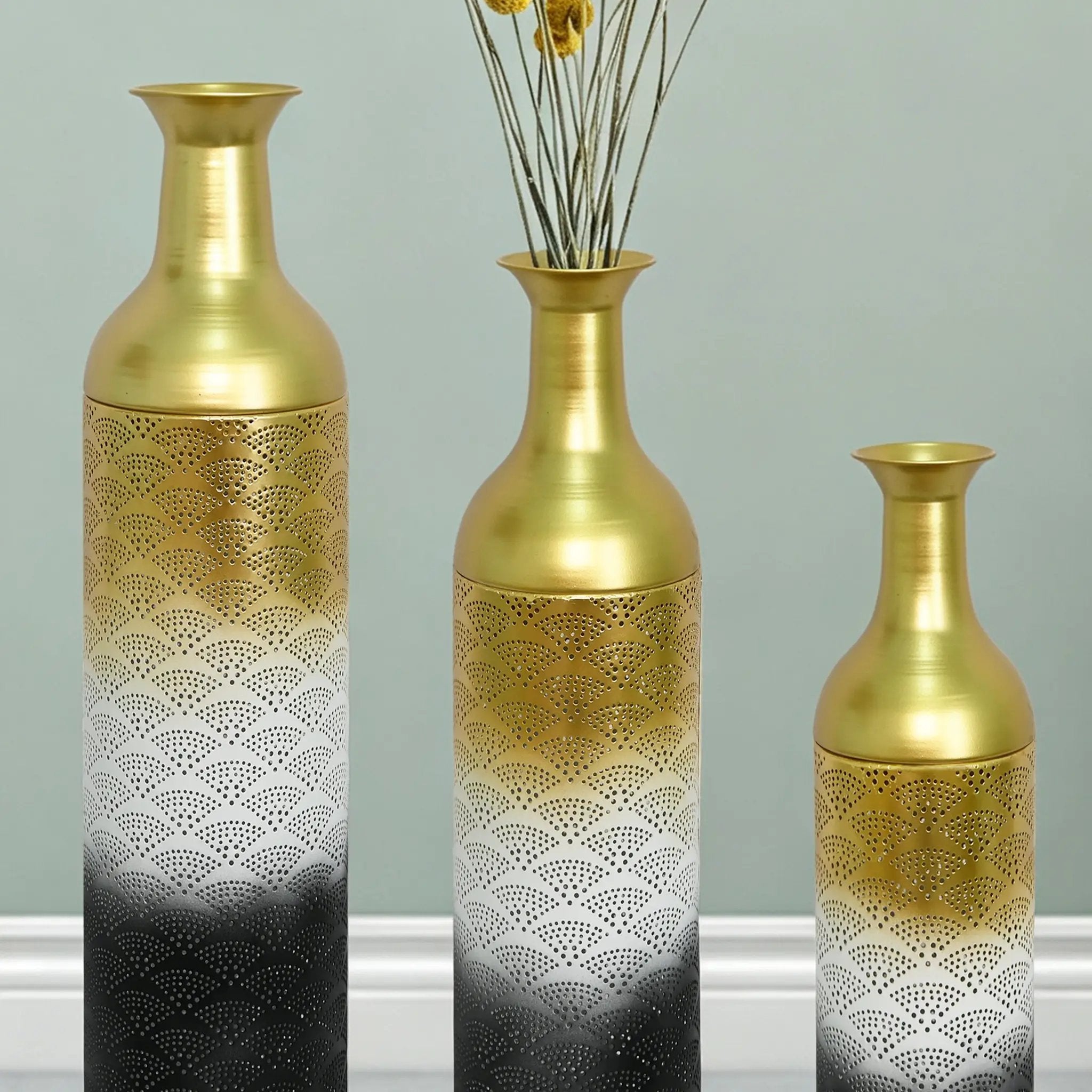 Decorative Metal Vases Set of 3, Leaf Pattern Floor Vases by HouseOfZazla