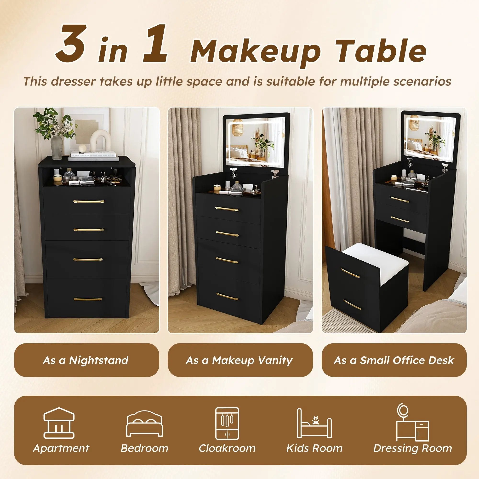 3 In 1 Vanity Desk With Open Top Mirror, Glass Desktop Makeup Set With 3 Drawers, Compact Dressing Table For Bedroom - Black by HouseOfZazla