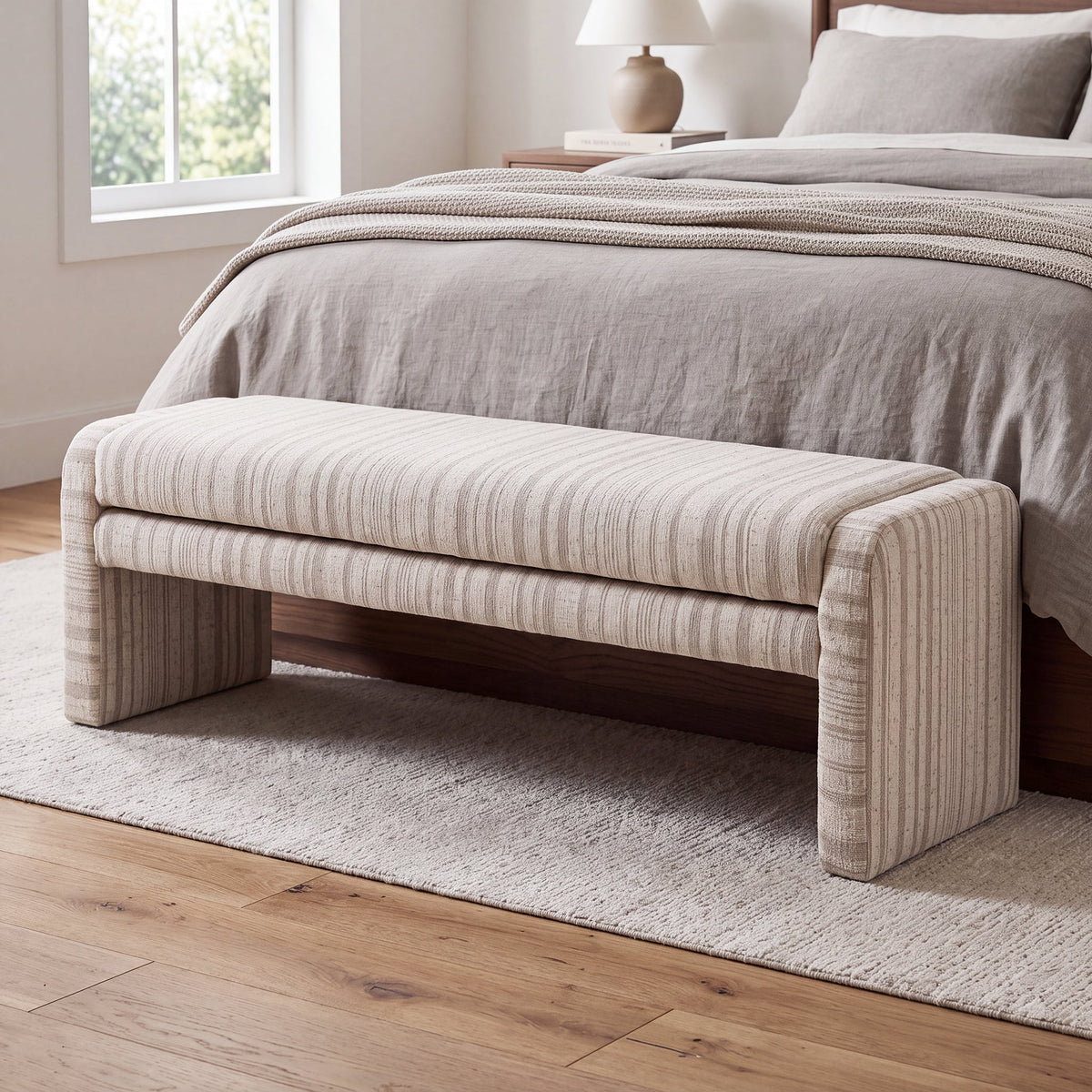 62.2 Inch Striped Upholstered Ottoman Bench with Thick Linen-Blend Upholstery - Striped, photo 2 of 10