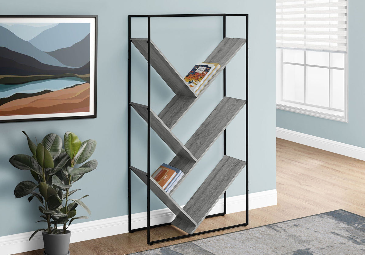 3-Tier Contemporary Bookshelf with V-Shaped Shelves - Reclaimed Wood Finish