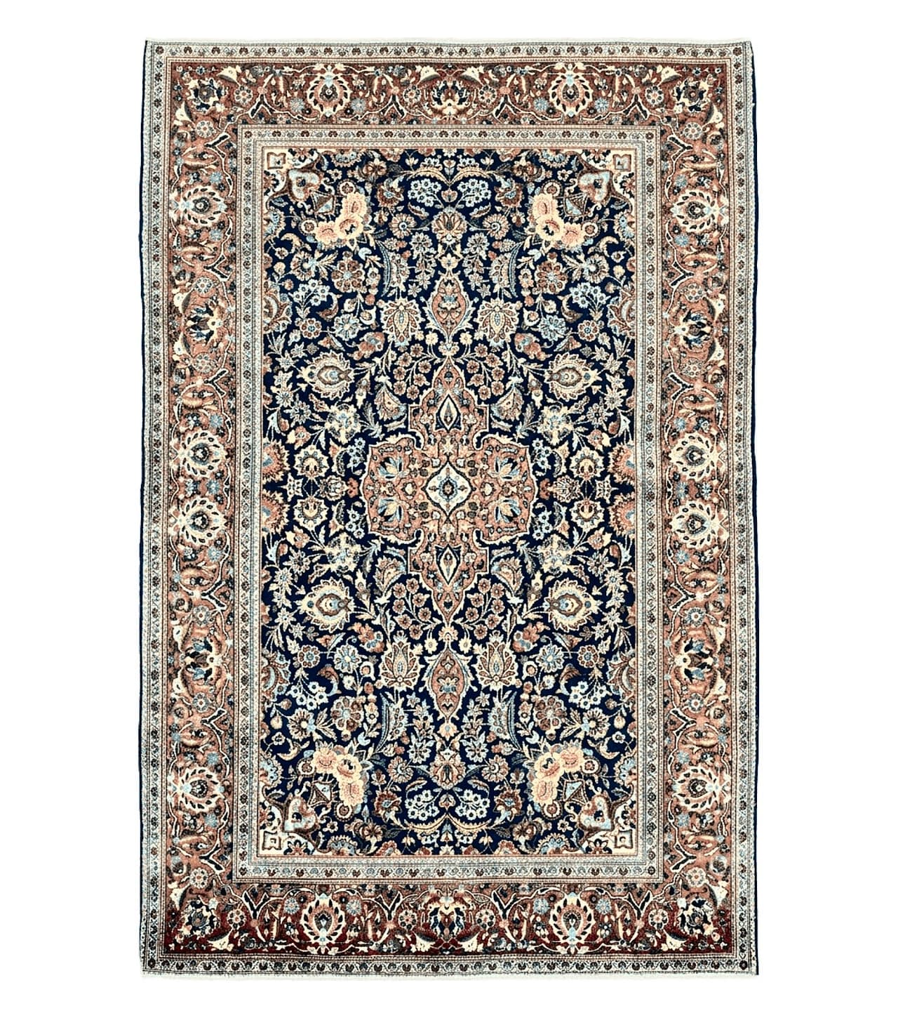 Persian Kashan Rug 4x7, Floral Medallion Vintage Handmade Hand Knotted Navy Blue & Red Wool Oriental Carpet, Highly Detailed Semi Antique Rug by Jewel Rugs
