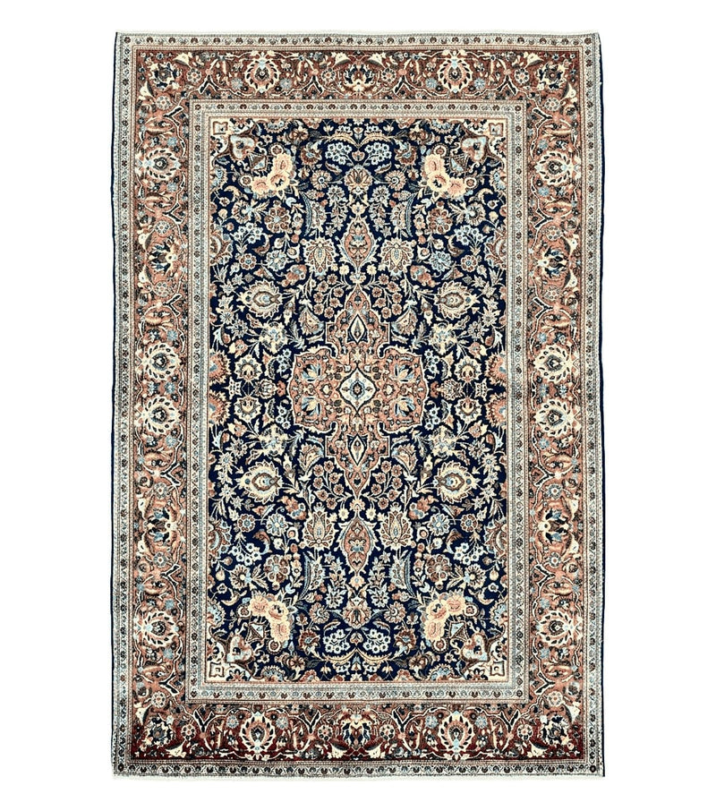 Persian Kashan Rug 4x7, Floral Medallion Vintage Handmade Hand Knotted Navy Blue & Red Wool Oriental Carpet, Highly Detailed Semi Antique Rug by Jewel Rugs