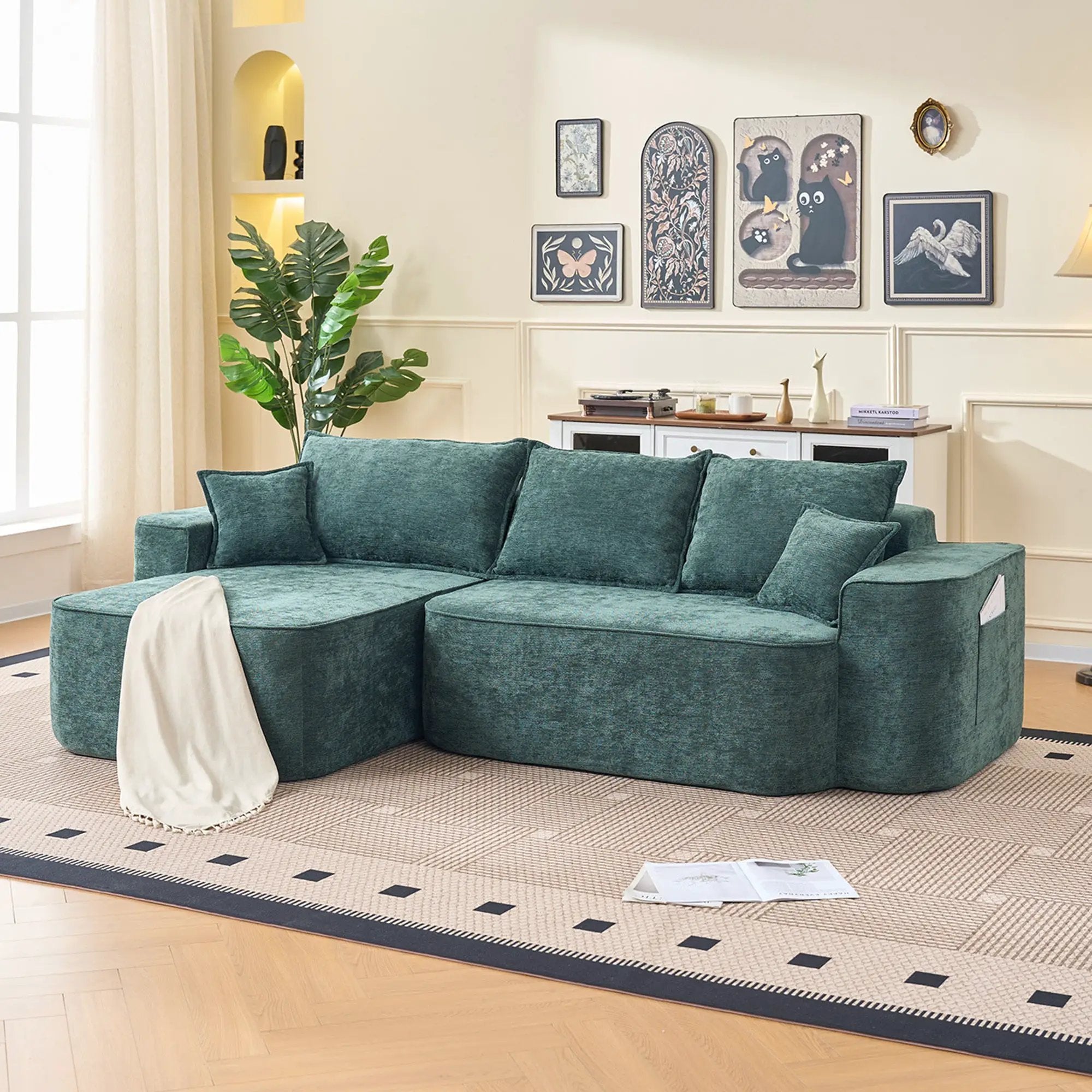 Modern Green Chenille L Shaped Sectional Sofa with Chaise by BLAKHOM