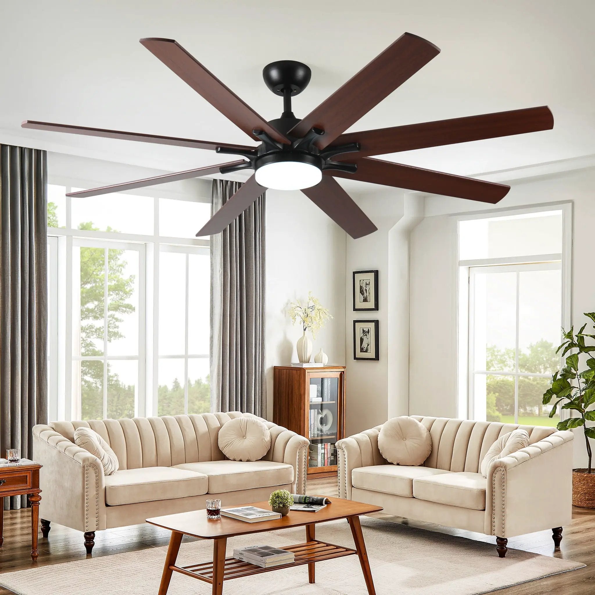 Large Ceiling Fans With Lights And Remote, Indoor / Outdoor Modern Ceiling Fan For Kitchen Living Room Patio, 6 Speed Reversible Quiet DC Motor, Dual Finish 8 Blades - Black by HouseOfZazla