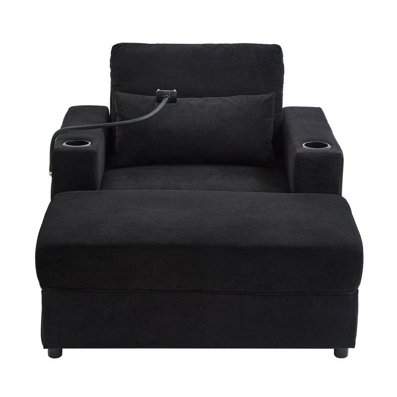 Modern Style Armchair Chaise Lounge Sofa Couch With Movable Storage Ottoman, USB Ports, Cup Holders, Phone Holder, Side Pockets by HouseOfZazla