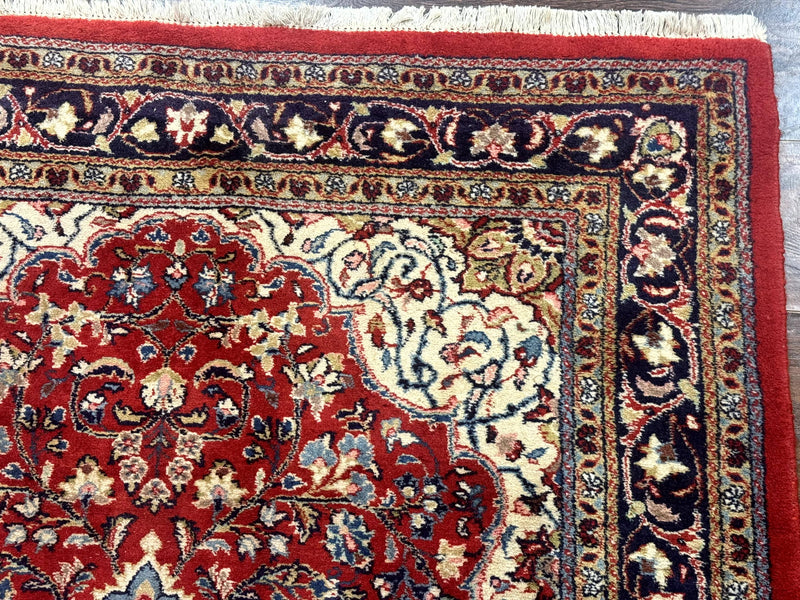 Persian Sarouk Rug 4x7, Red Navy Blue Vintage Wool Medallion Carpet by Jewel Rugs