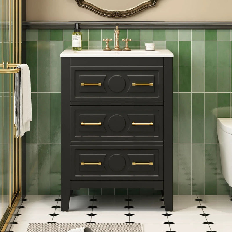 Bathroom Vanity With Sink, Free Standing Single Set, 3 Drawer Storage Cabinet by Unique Piece Furniture