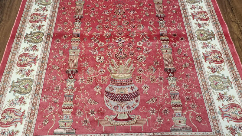 4 x 6 Silk Carpet Red, Traditional Oriental Rug 4x6, Flower Vase Columns, Turkish Rug New, High Quality, Bamboo Silk, Area Rug by Jewel Rugs