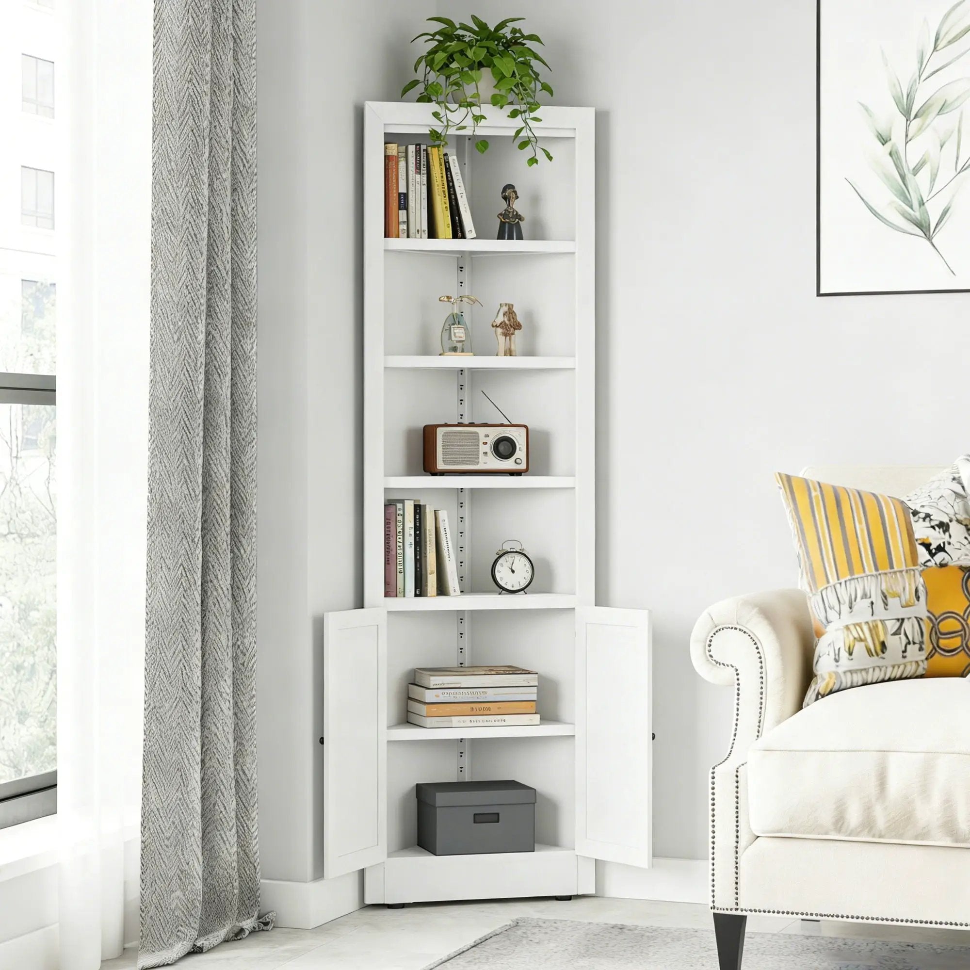 Tall Corner Storage Cabinet With 2 Doors, 5-Tier With Adjustable Shelves, Freestanding - White by HouseOfZazla