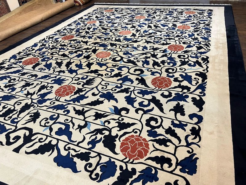 Antique Chinese Peking Rug 10x14, Beige Black, Handmade Wool Art Deco Carpet by Jewel Rugs