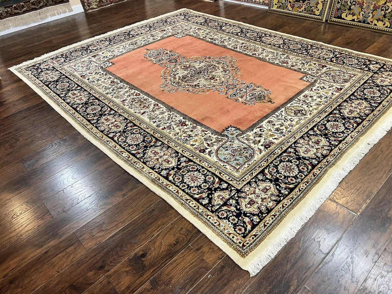 Persian Tabriz Rug 10x13, Wool Hand Knotted Vintage Carpet, Salmon Red & Ivory, Semi Open Field, Birds & Animal Motifs, Large Rug by Jewel Rugs