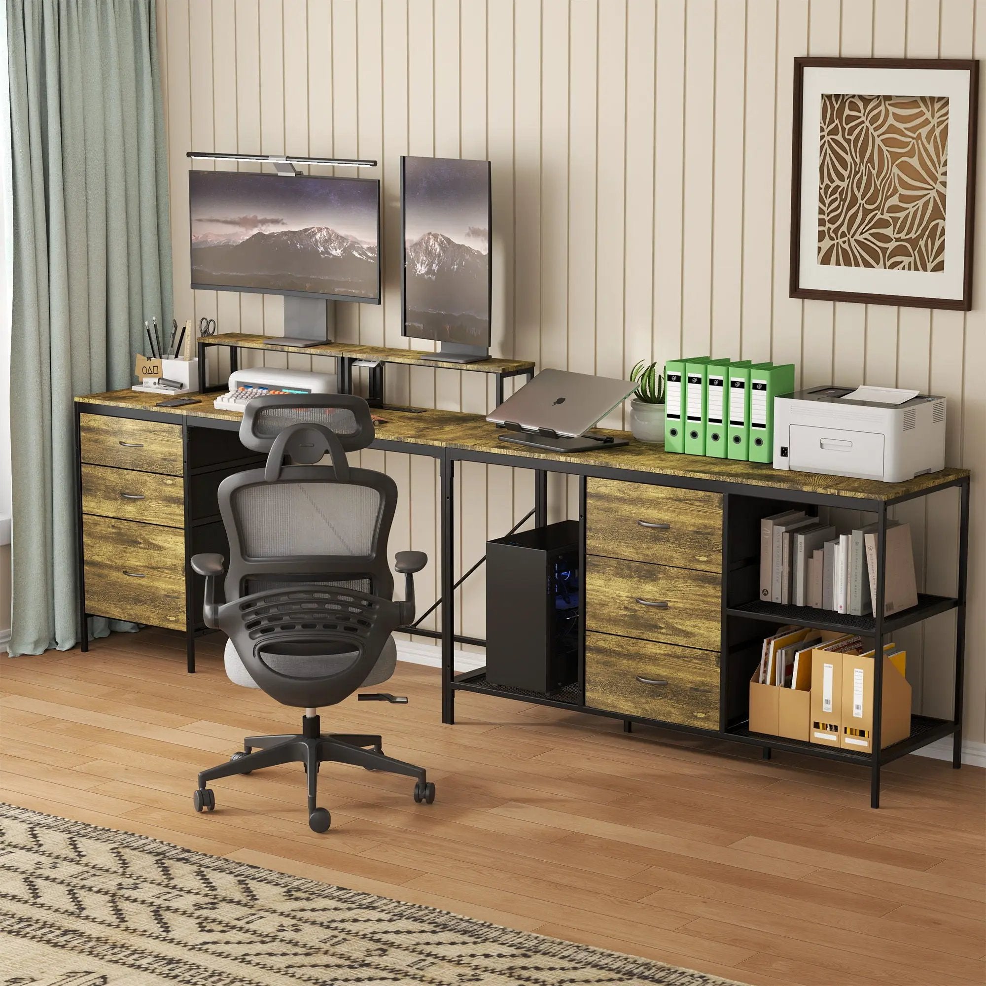 Industrial L Shaped Computer Desk With Power Outlets & USB-C, 6 Fabric Drawers, 3 Open Shelves, Movable Monitor Stands - Brown by HouseOfZazla